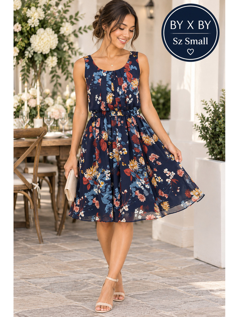 by&by | S | Navy Floral Chiffon Dress